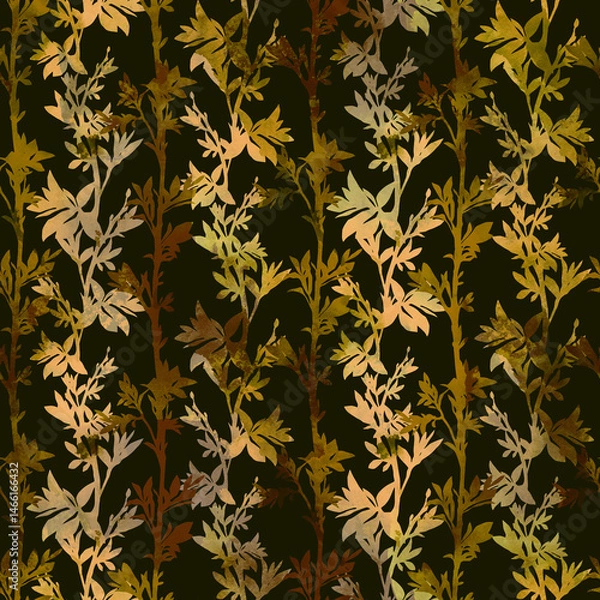 Obraz Seamless botanical pattern with leaves and flowers silhouettes and watercolor texture. Stylized leaves, soft contrast, repeating layout for surface design and textile use.