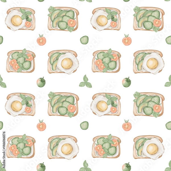 Fototapeta Seamless pattern with egg toast and vegetables 