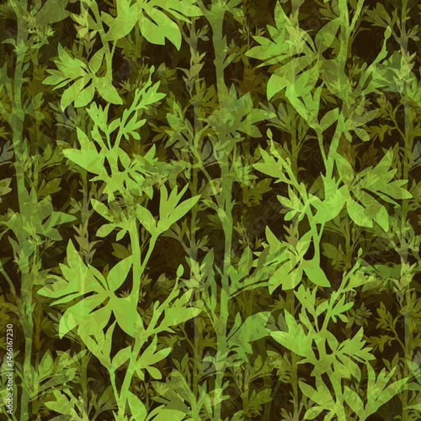 Fototapeta Seamless botanical pattern with leaves and flowers silhouettes and watercolor texture. Stylized leaves, soft contrast, repeating layout for surface design and textile use.