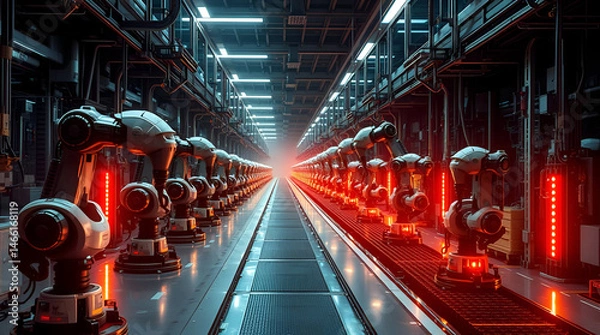 Obraz Dark Futuristic Factory with Creepy Industrial Robots on Assembly Line – AI, Automation, and Dystopian Technology, Generative Ai