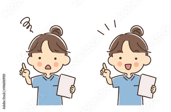 Fototapeta 資料を持って指を立てているスクラブ姿の女性セット（困り顔・笑顔）