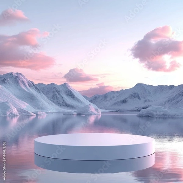 Fototapeta Serene landscape reflection tranquil lake digital art snow-capped mountains aerial view calm atmosphere