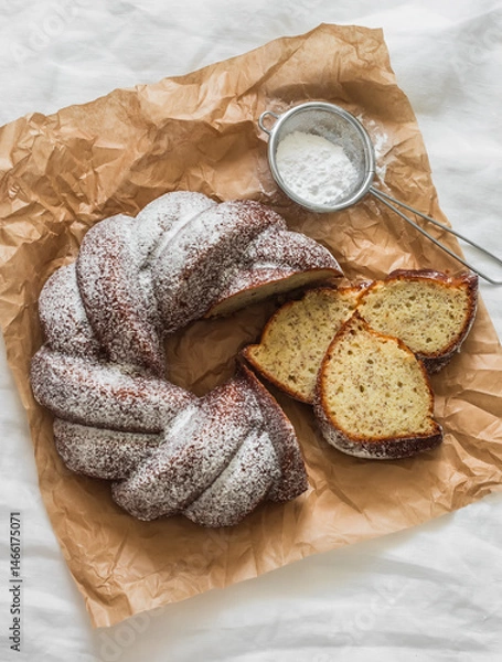 Fototapeta Slices of a traditional banana cake with powdered sugar on a light background, top view