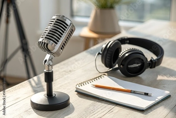 Obraz Professional Podcast Setup with Microphone, Headphones, and Creative Workspace
