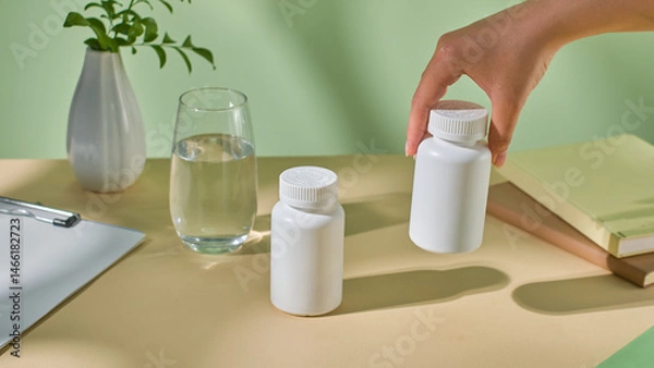 Fototapeta Two medicine bottles are placed on the table, one is lifted by a hand. Shadows of objects are cast on the floor. Clean desk, natural light and the objects are arranged in a minimalistic manner.