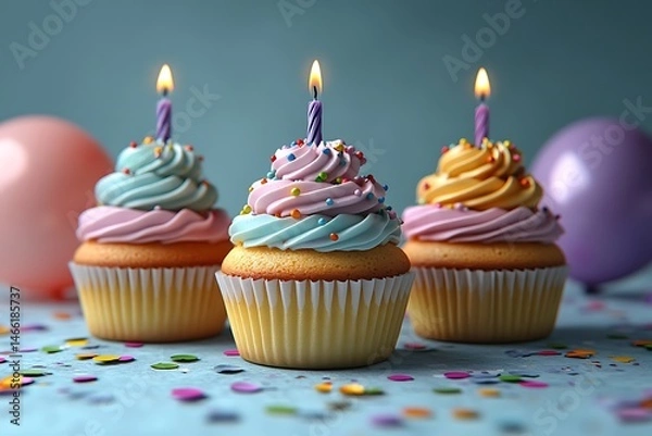Fototapeta Colorful birthday cupcakes decorated with sprinkles and lit candles against a pastel backdrop