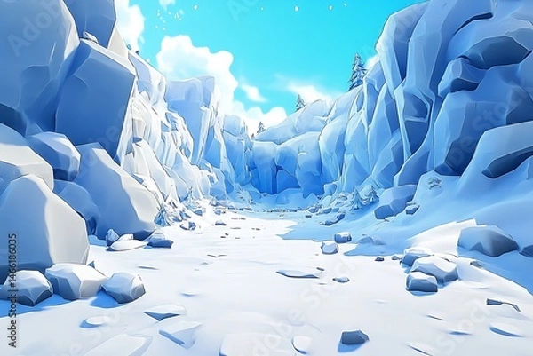 Obraz Concept art of an ice cave environment in a conceptual art style, with ice walls and rocks covered in snow against a blue sky.