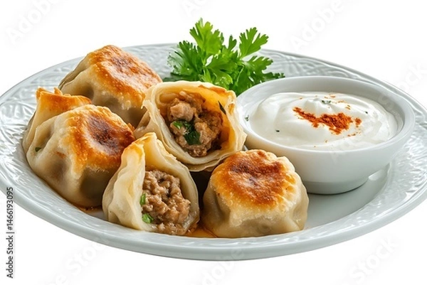 Obraz Kofte, dumplings with meat sauce and sour cream on a white plate, isolated on a transparent background.
