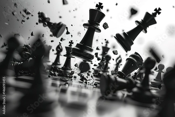 Obraz Chess pieces suspended in mid-air some shattered during an intense chess match