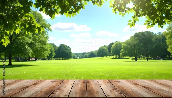 Fototapeta Wooden table, empty table, Green lawn, grass and sea background. hard wood table, sea, sea side, summer, outdoor, sunny day, sunlight, country side, garden, field, natural vibe, good for key up.