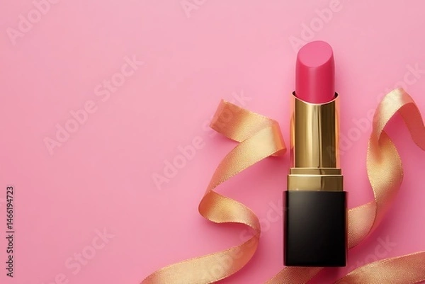 Obraz Lipstick with a golden ribbon on a pink background, in a flat lay.