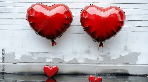 Obraz Two large red heart balloons on a white wall