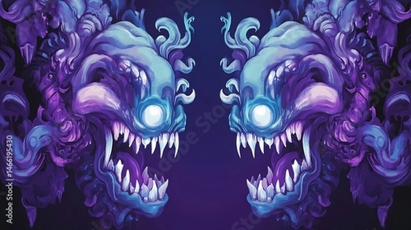 Obraz Two stylized, monstrous heads facing each other