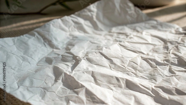Fototapeta This photograph captures the intricate texture of a crumpled white paper on a woven surface, the creases and shadows providing visual interest for abstract or background use.