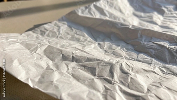 Fototapeta In an indoor setting with natural illumination, a sheet of white paper is heavily crumpled, forming a textured surface with many folds and shadows
