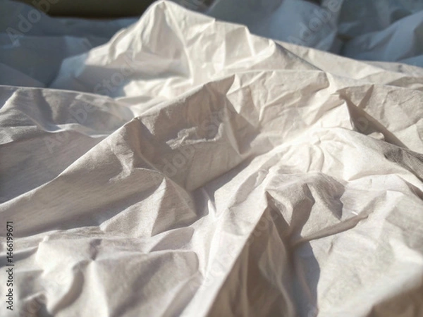 Fototapeta The image shows a close-up of crumpled white paper, its wrinkled surface creating a pattern of light and shadow, potentially useful as a design background