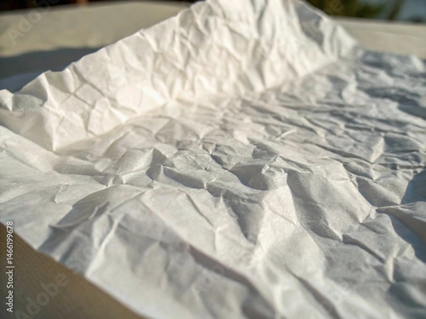 Fototapeta A piece of crumpled white paper with numerous creases and shadows rests on a textured surface in an indoor setting with natural light, suggesting discarded ideas or texture