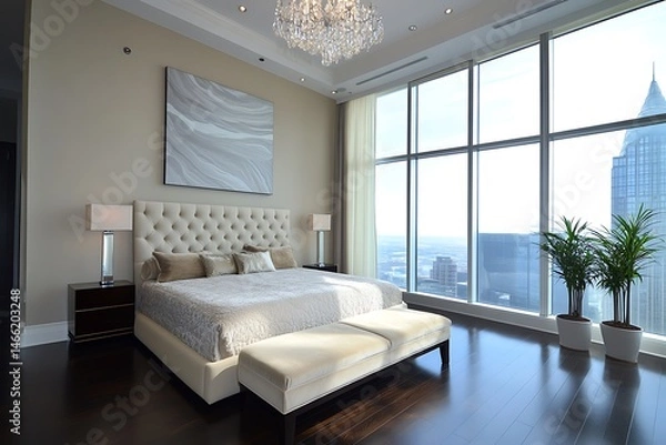 Obraz Master bedroom in a luxury high-rise apartment. A large bed with a beige headboard and a footstool.