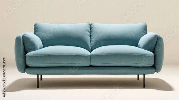 Fototapeta A modern fabric sofa in ice blue, featuring sleek black legs, set on a soft white background with shadow