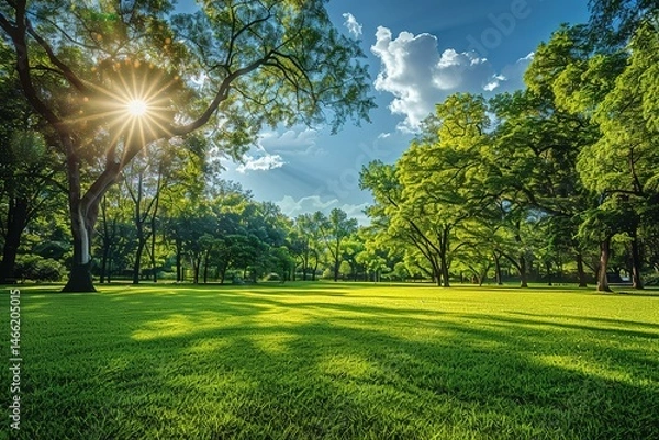 Obraz Lush green park with trees and grass illuminated by the sun creating a peaceful scene