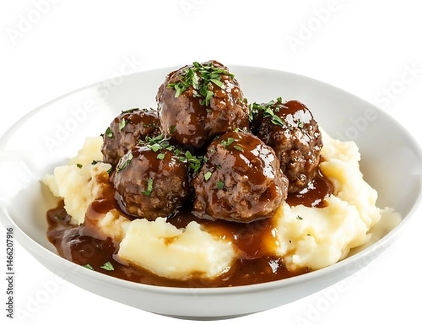 Obraz Meatballs in a thick brown sauce served over spicy potatoes