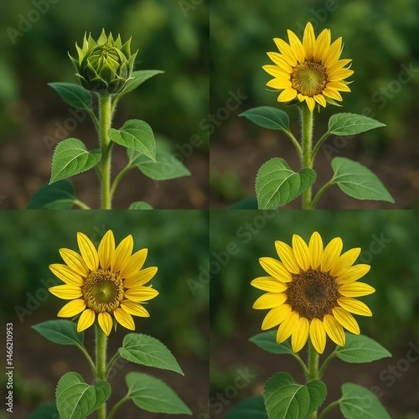 Fototapeta Sunflower growth stages captured in a vibrant natural setting showcasing transformation from bud to full bloom during summer sunlight