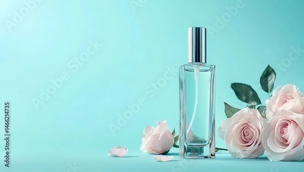 Obraz Minimal background for product photography with a single cosmetic bottle, teal and mint color scheme