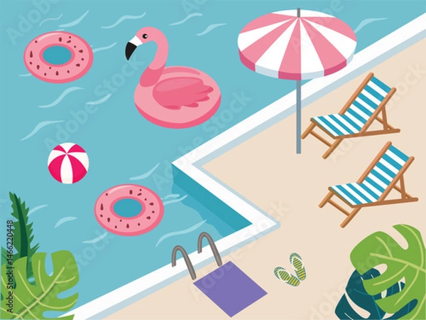 Fototapeta Summer Pool background with umbrella, beach chairs and tropical leaves.