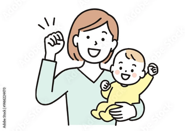 Obraz 赤ちゃんを抱っこしながらガッツポーズする若い母親の笑顔イラスト