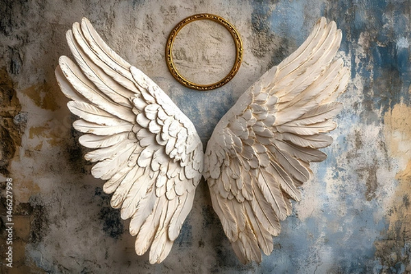 Fototapeta Elegant angel wings rustic wooden background peaceful home decor