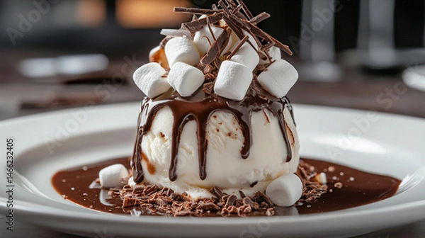 Fototapeta sweet dessert with melted dark chocolate with marshmallows toping in a plate.ai 