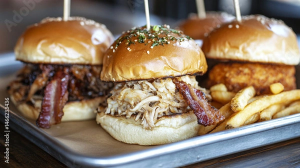 Fototapeta heavy loaded cheese with loaded beef slider burger in a plate.ai 