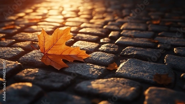 Fototapeta Autumn leaf on cobblestone path (4)