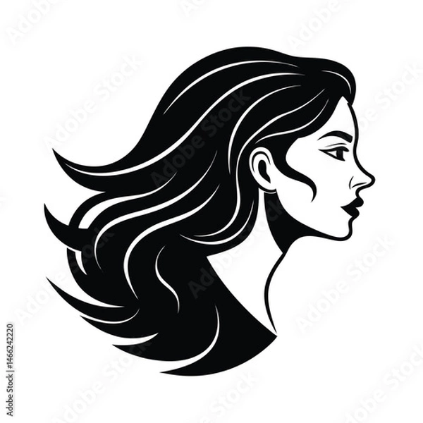 Fototapeta Elegant silhouette portrait of a woman with flowing hair in side profile view against a white background