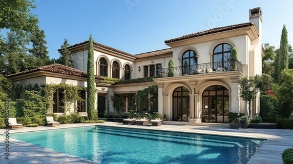 Fototapeta Luxury mediterranean villa with pool on a sunny day, showcasing elegant architecture