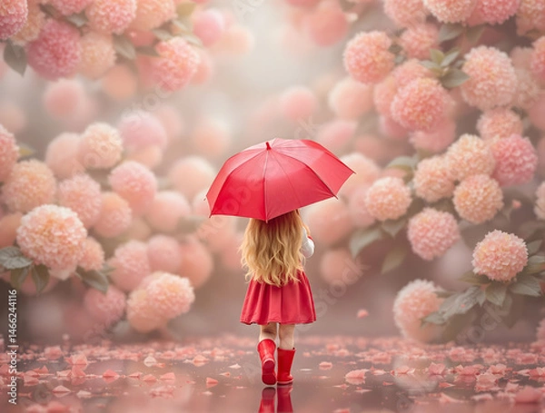 Obraz 雨の中淡いピンクの沢山の紫陽花の花に向かって歩く赤い傘の女の子
