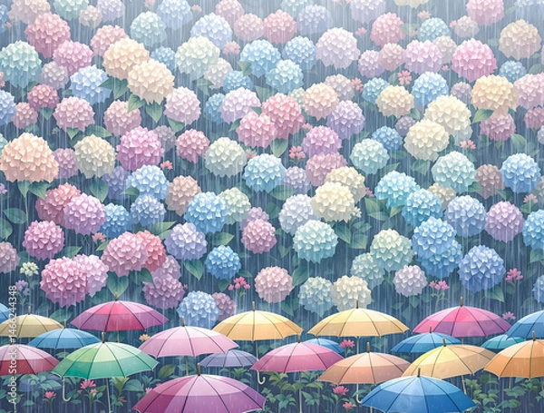 Obraz 雨の中の沢山のカラフルな紫陽花の花と傘
