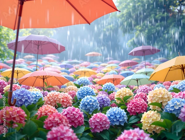 Obraz 雨の中の沢山のカラフルな紫陽花の花を覆うような沢山の傘
