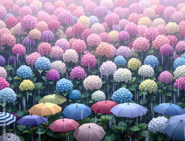 Obraz 雨の中の沢山のカラフルな紫陽花の花と傘
