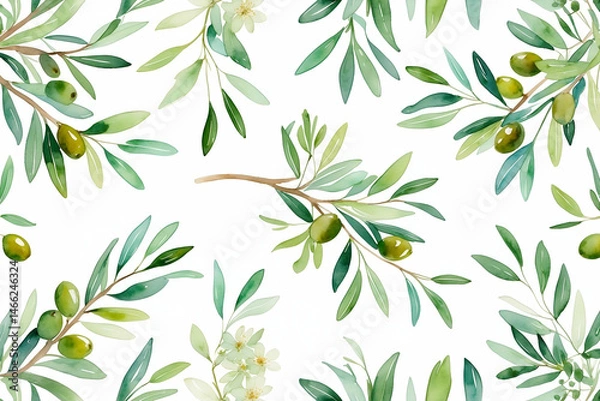 Obraz Elegant olive branch watercolor pattern design seamless background illustration