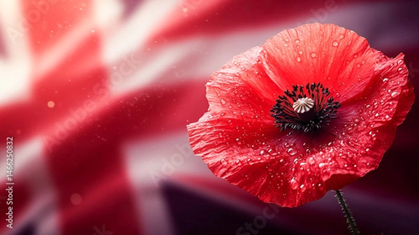 Obraz Poignant red poppy with dewdrops on its petals, symbolizing remembrance day, set against a blurred uk flag background