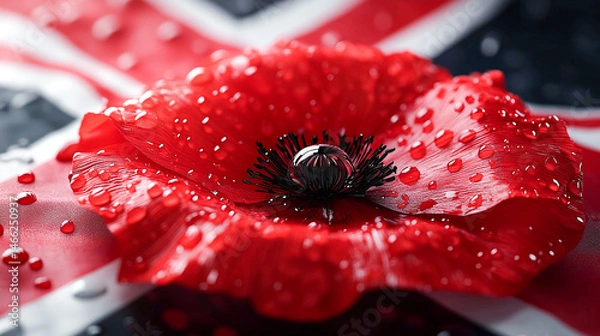 Obraz Poignant red poppy with dewdrops on its petals, symbolizing remembrance day, set against a blurred uk flag background