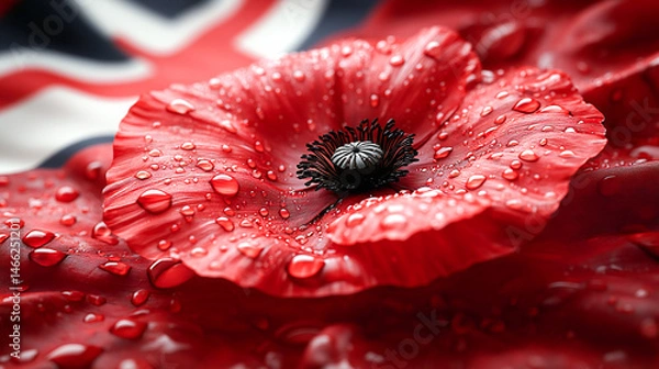 Obraz Poignant red poppy with dewdrops on its petals, symbolizing remembrance day, set against a blurred uk flag background