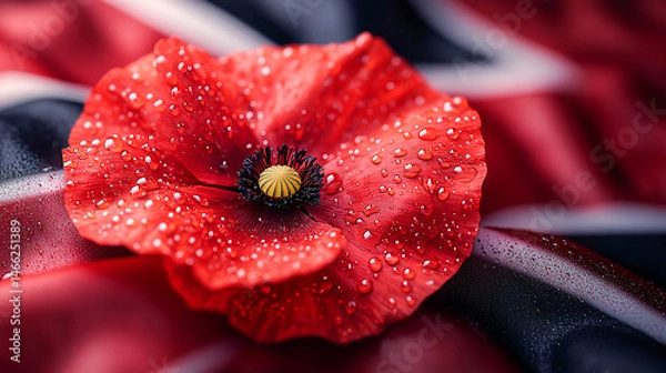 Obraz Poignant red poppy with dewdrops on its petals, symbolizing remembrance day, set against a blurred uk flag background