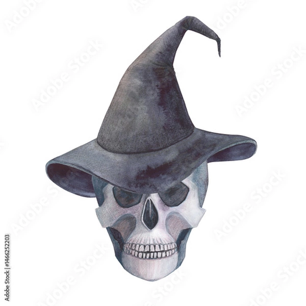 Obraz Human Scull in hat gothic magical texture isolated on white background. Watercolor hand drawn esoterics sketch skull illustration. Art for design mystical halloween witch decoration, scary card