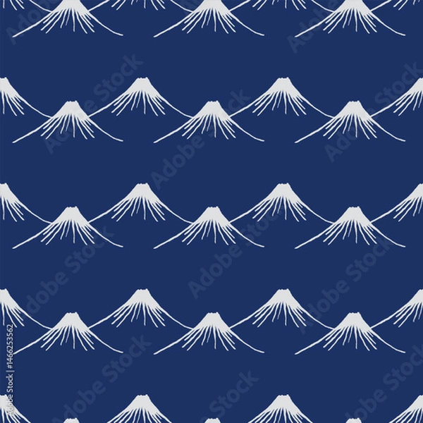 Fototapeta Hand drawn brush lines abstract mountains seamless pattern, Japanese and ethnic wood carving, engraving texture background in blue and white, simple graphic for textile, carpet