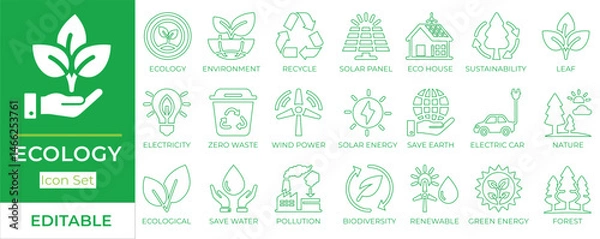 Fototapeta Ecology and environment line icon set featuring recycle, solar energy, eco house, sustainability, pollution, biodiversity, and renewable energy. Fully editable vector outline.