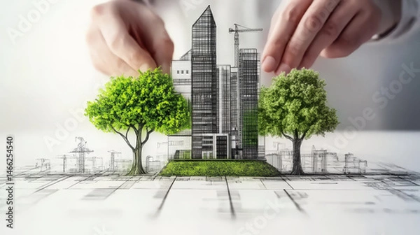 Fototapeta Sustainable city design concept with hands assembling green urban landscape