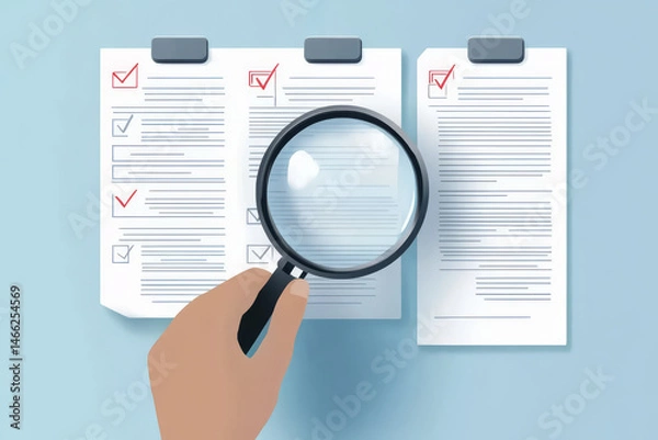Fototapeta Hand holding magnifying glass over documents with checkmarks, symbolizing inspection