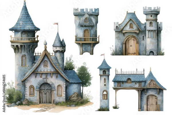 Fototapeta Whimsical castle illustration set featuring various architectural designs, showcasing towers